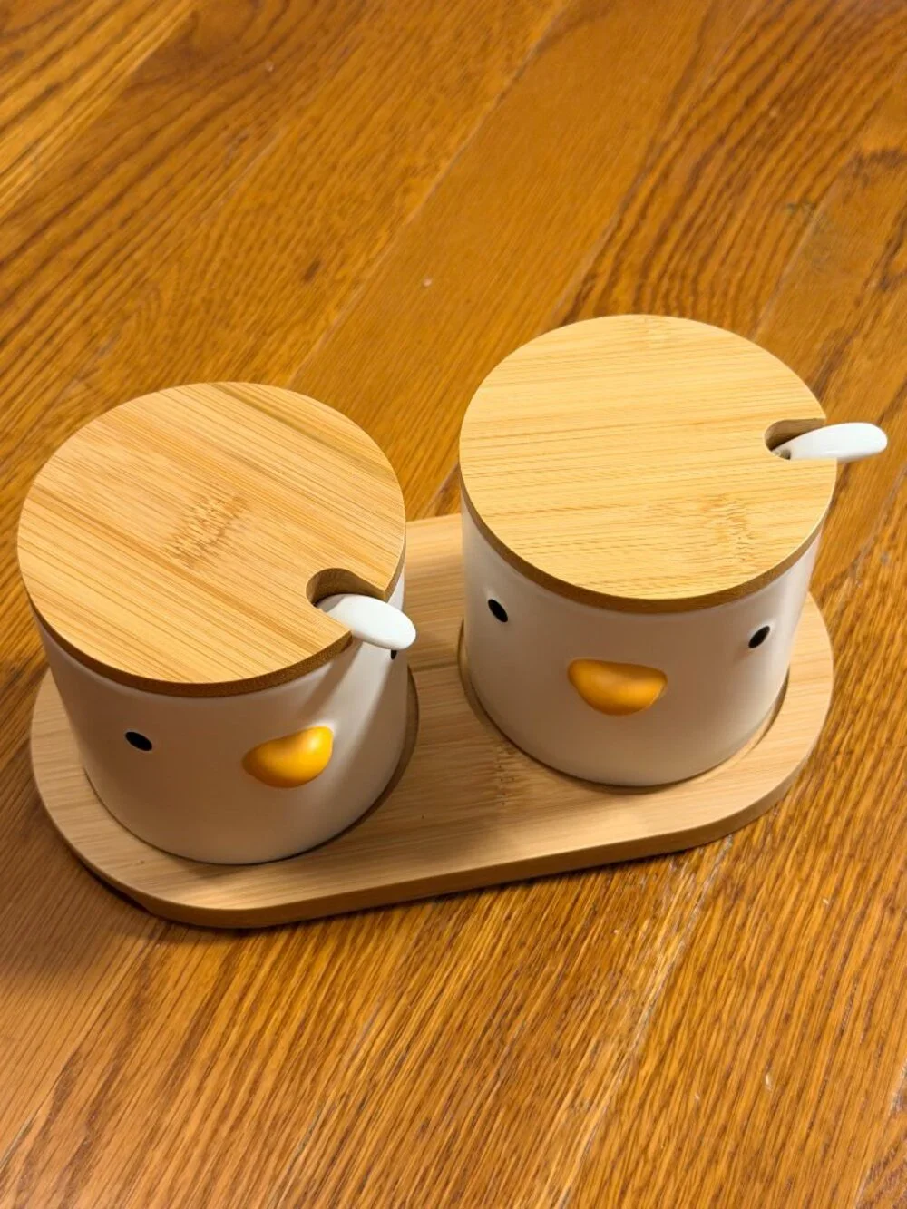 Ceramic Sugar Bowls with Wood Lids & Tray Spoons Duck Set of 2 New
